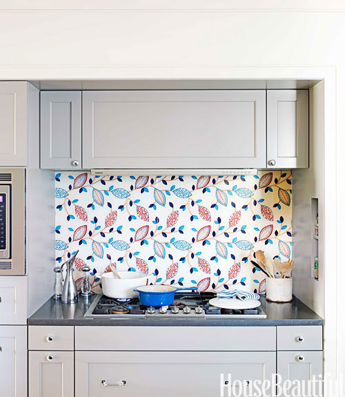 fabric backsplash - kitchen of the month from house beautiful 2014 - 2