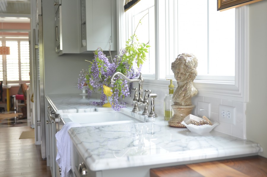 Marble countertops in a kitchen from Life In Grace blog