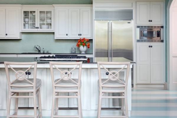 beachy kitchen with painted striped floor from tobi fairley
