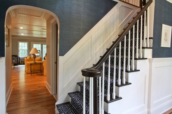 grasscloth wallpaper with wainscoting - Michael Robert Construction - classic coastal colonial foyer, via Houzz