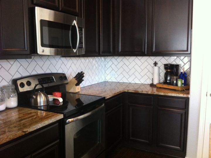 kitchen with white herringbone subway tile backsplash from House To Home blog