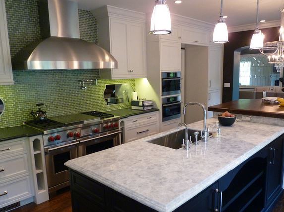 green white and black room, kitchen designed by Cook Architectural Design Studio, via Houzz