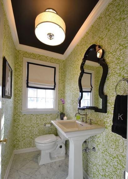 green white and black room, powder room designed by Priscilla Fenlin Interiors, via Houzz