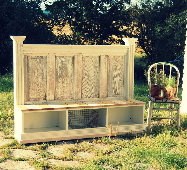 Repurposed doors project - build a bench out of an old antique door, via Twig Decor