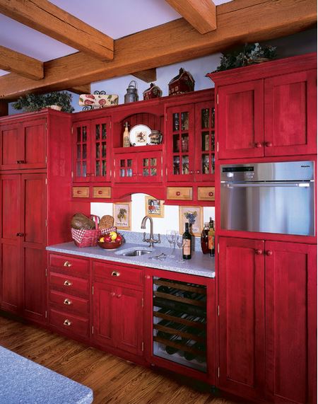 colorful house - red kitchen cabinets, via Houzz