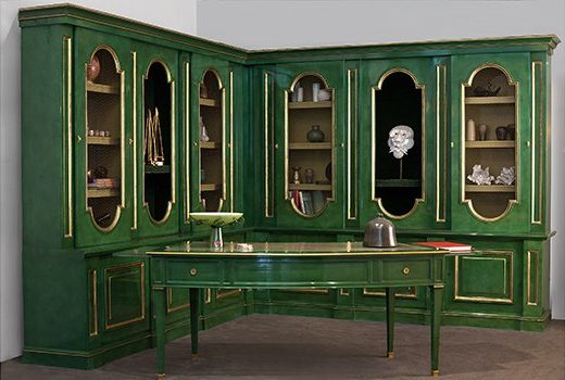 green and gold desk and bookcase desgined by Maison Jansen circa 1960, via Architectural Digest