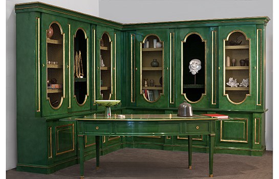 green and gold desk and bookcase desgined by Maison Jansen circa 1960, via Architectural Digest