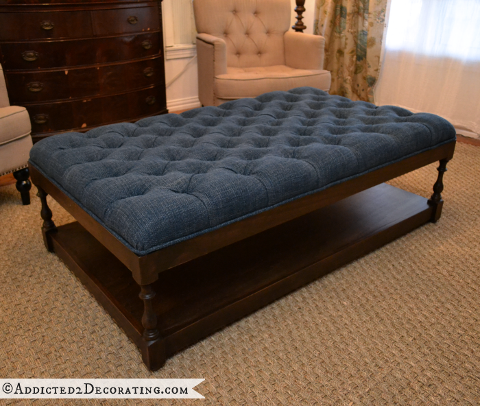 DIY diamond tufted upholstered ottoman with wood turned legs and bottom shelf