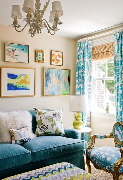 velvet sofa in turquoise - Katie Rosenfeld Interiors, via Houzz