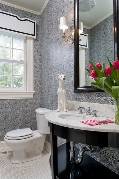 window treatment with upholstered cornice for bathroom, by Tiffany Eastman Interiors, via Houzz