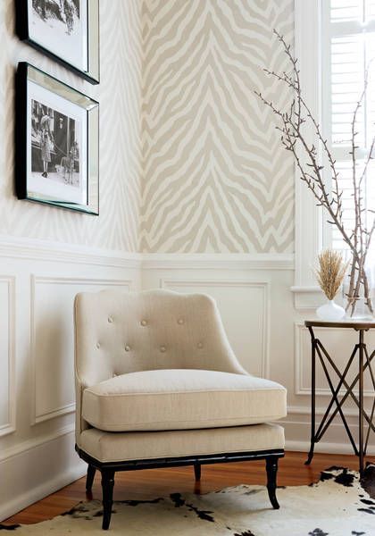 beautiful neutral walls - Thibault Etosha wallpaper combined with traditional wainscoting
