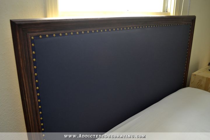 DIY wood framed upholstered headboard - navy blue vinyl with stained frame - 21