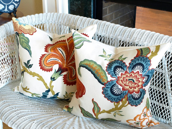 Pillows made with Schumacher Hothouse Flowers Spark, from Beckwith Textiles