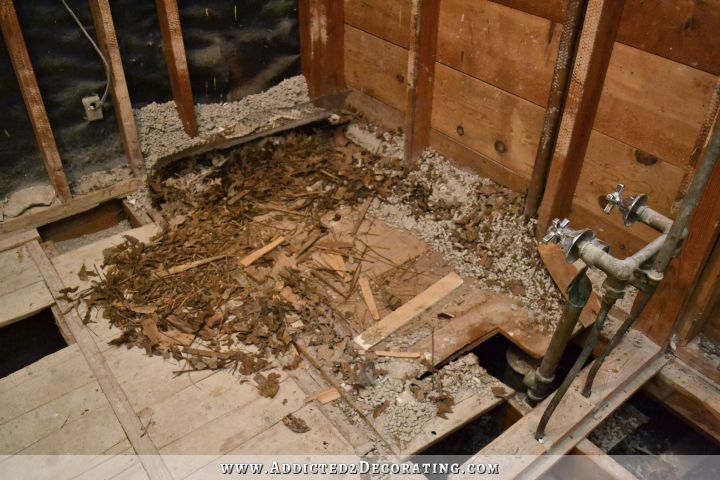 original 1940s cast iron bathtub removed - nest and leaves underneath, and damaged / old / rotted subfloor