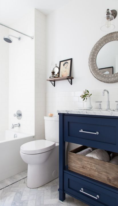 colorful bathroom vanities - deep blue vanity from The House Diaries