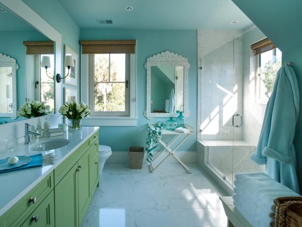 colorful bathroom vanities - green vanity from the 2013 HGTV Dream Home, twin bathroom