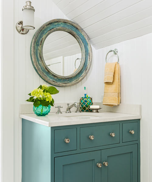 colorful bathroom vanities - teal vanity from This Old House