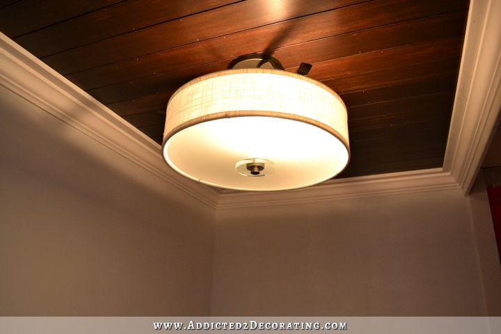 stained wood slat ceiling in hallway bathroom - 9