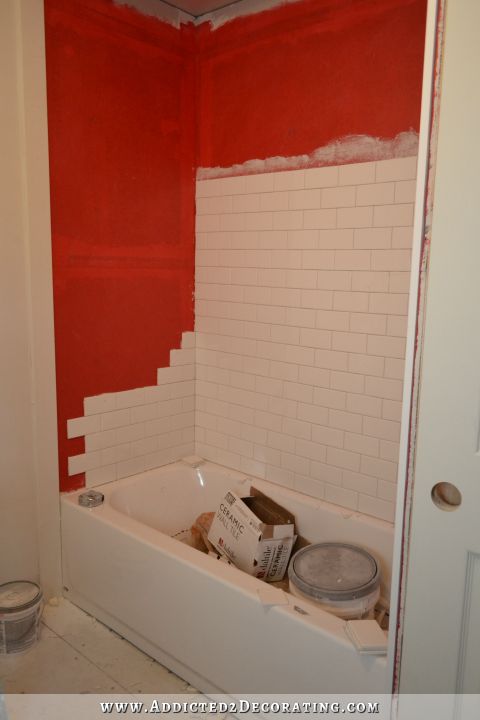 Bathroom Progress Three Pretty, White Subway Tile Bathtub Surround