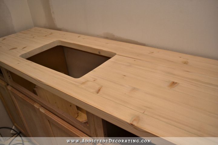 DIY butcherblock style countertop with hole for undermount sink - after wood filling and sanding
