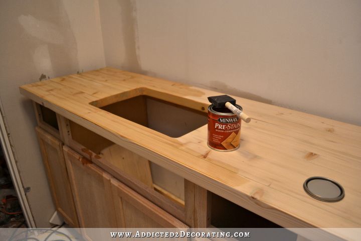 DIY butcherblock style countertop - pre-stain conditioner used before staining the wood