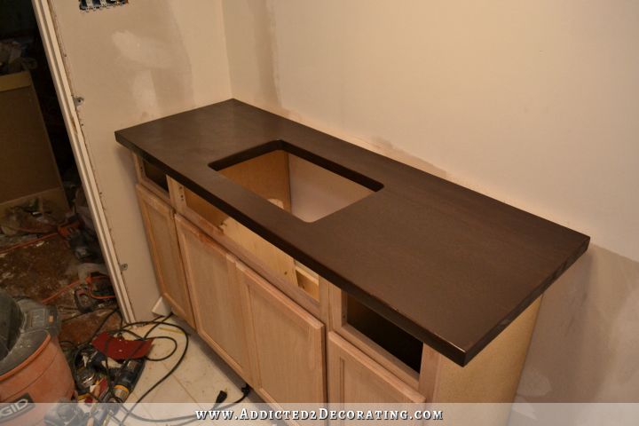 DIY butcherblock style countertop stained with dark walnut wood stain