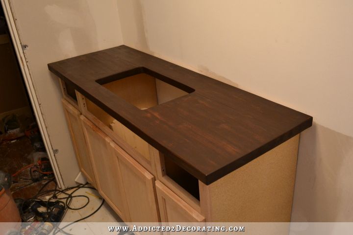 DIY butcherblock style countertop for undermount sink, finished with dark wood stain
