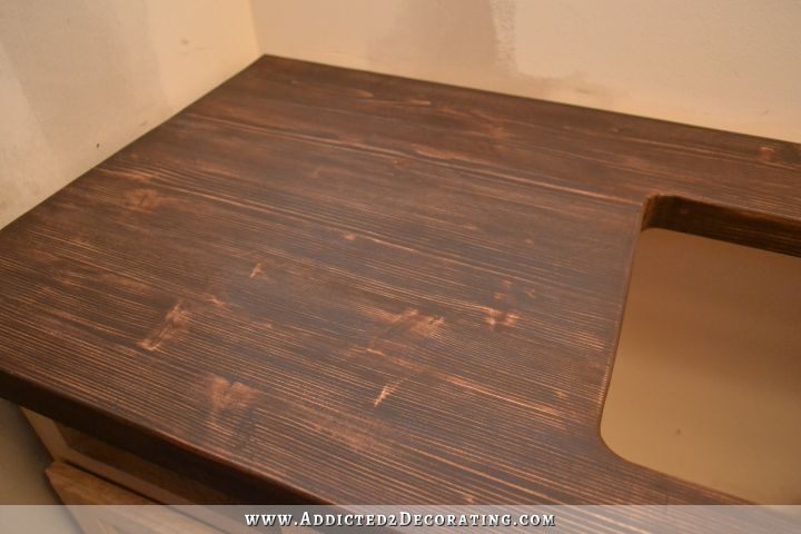 DIY butcherblock style countertop - after staining and sanding - multiple colors of stain used for more depth of color