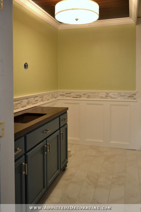 bathroom walls - recessed panel wainscoting with tile accent - 18