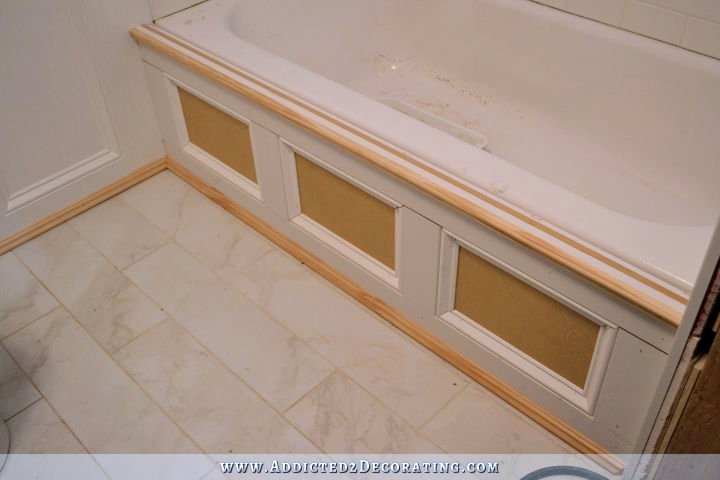 DIY bathtub skirt - step 6 - add decorating moulding to inside frames