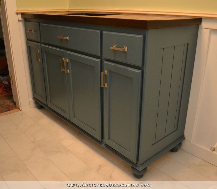 Teal Furniture-Style Vanity Made From Stock Cabinets – Finished!