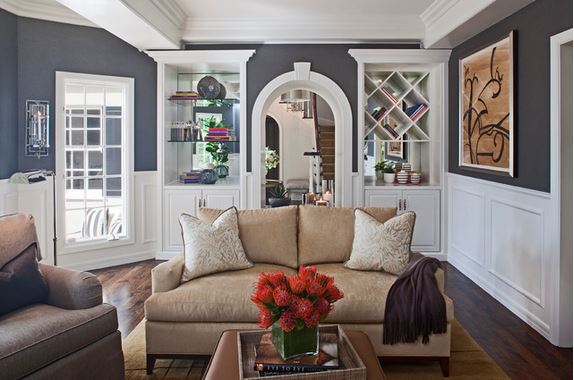 glass back bookshelves in living room by Smith Firestone Associates, via Houzz