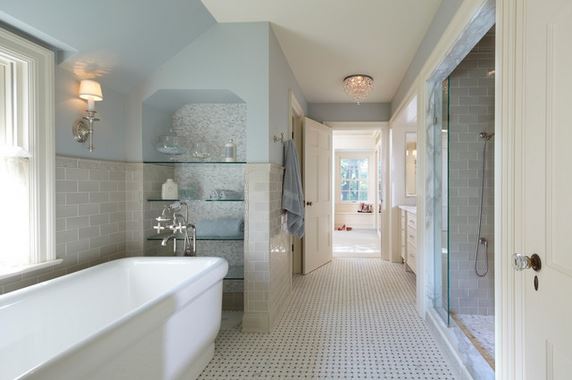 glass shelving in bathroom with mosaic tile back, by Yunker Associates Architecture, via Houzz