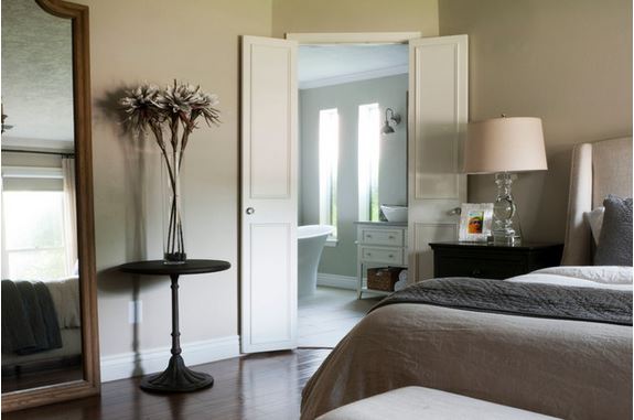space saving idea for a small bathroom - small doors hung like French doors in standard width doorway - master suite by Angela Flournoy, via Houzz