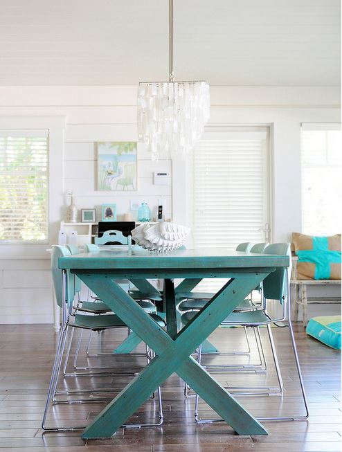 colorful dining tables - teal dining table from The Blue Moon Trading Company via Houzz