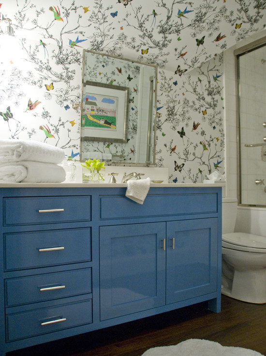 bathroom design with schumacher birds and butterflies wallpaper by Zoe Feldman Design