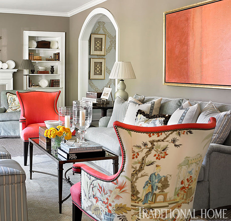 chairs covered in two coordinating fabrics - via Traditional Home