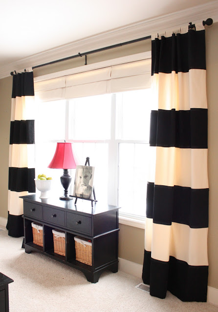 decorating with black and white stripes - striped draperies from The Yellow Cape Cod