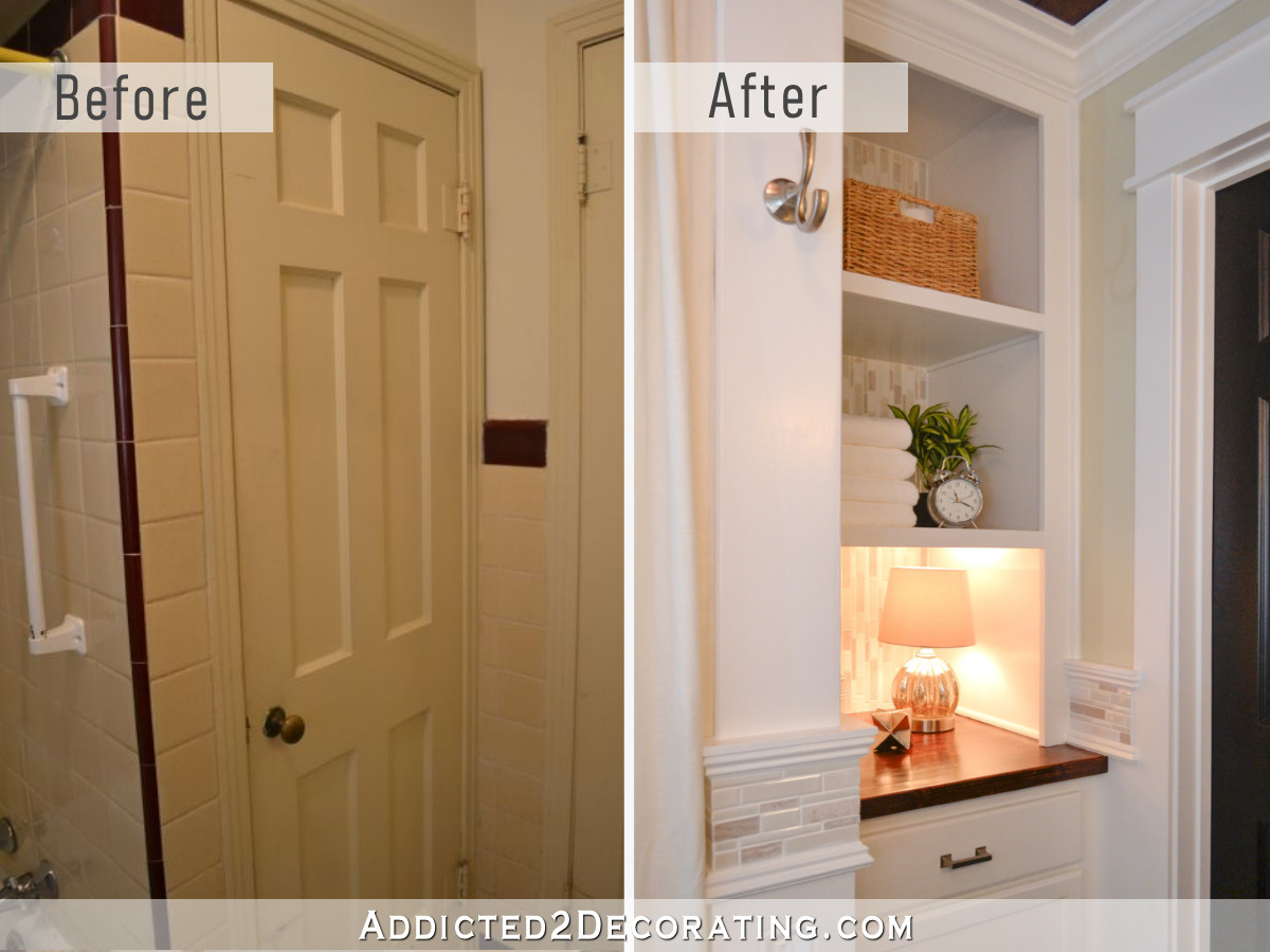 Bathroom linen closet replaced with a lower cabinet and upper open shelves