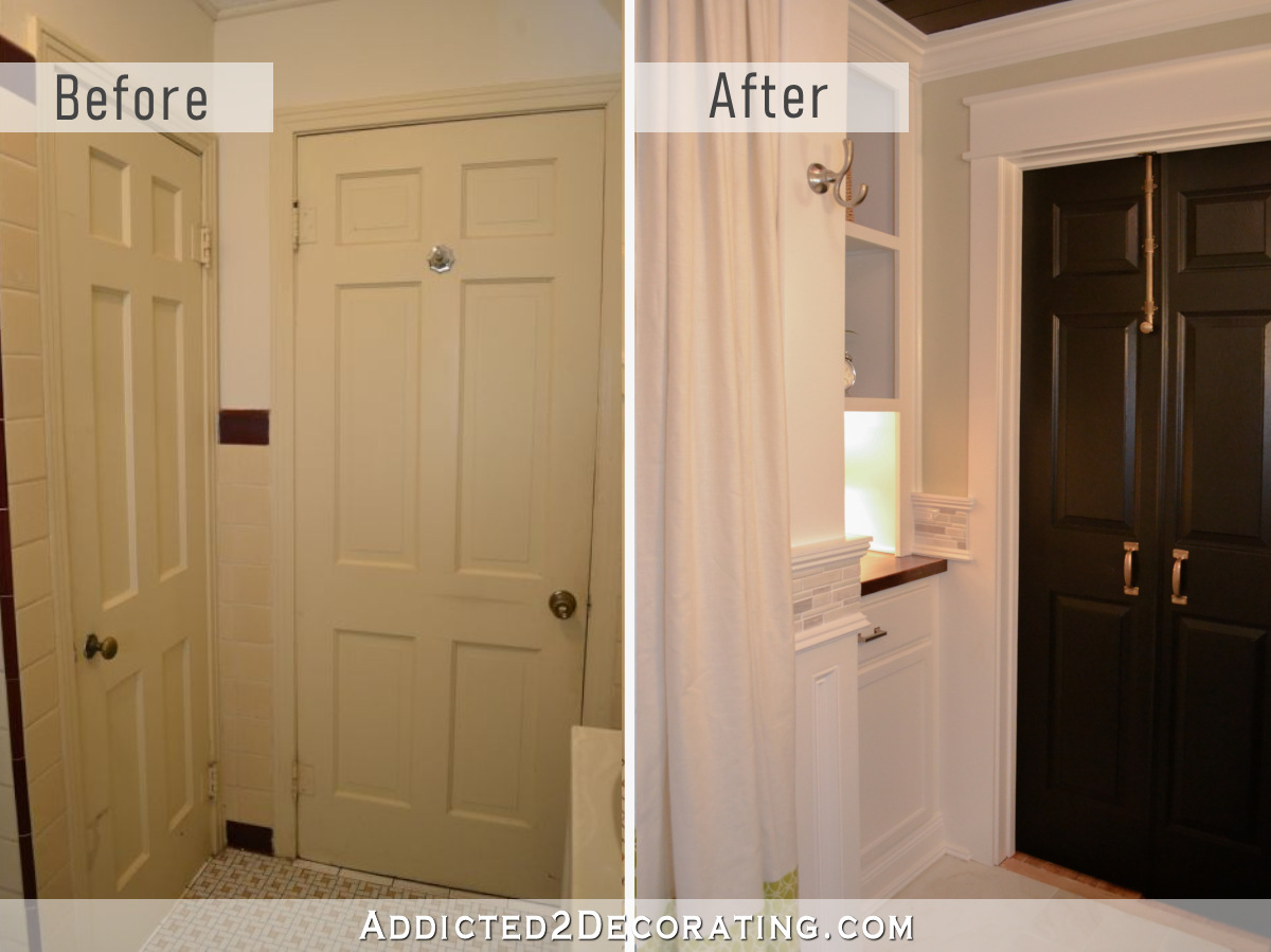 Hallway bathroom door replaced with double doors that open out into the hallway to save space