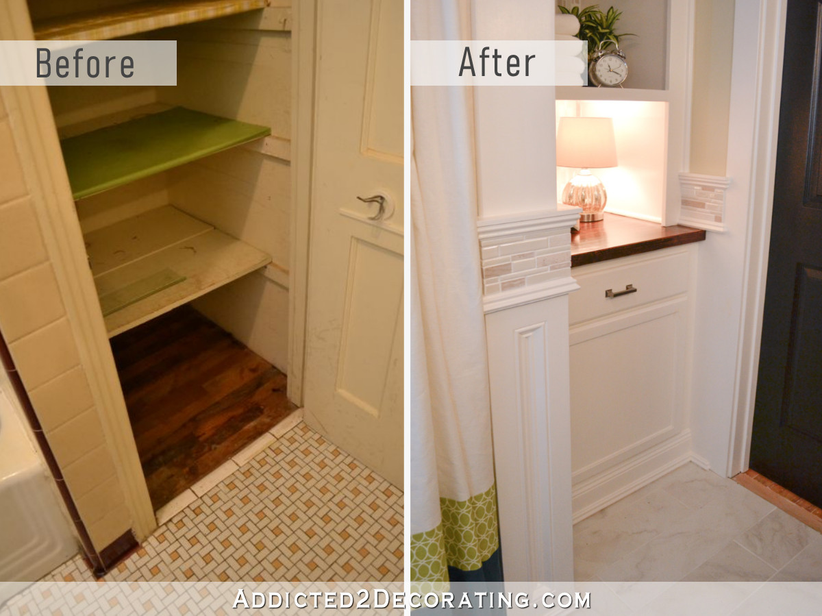 Bathroom linen closet replaced with lower cabinet and upper open shelves