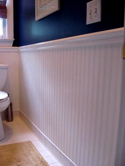 low cost bathroom updates - add beadboard or beadboard wallpaper to the walls, via Southern Hospitality blog