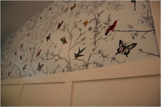 wall mural based on schumacher's birds and butterflies wallpaper created with a Sharpie marker by Shannon Berry