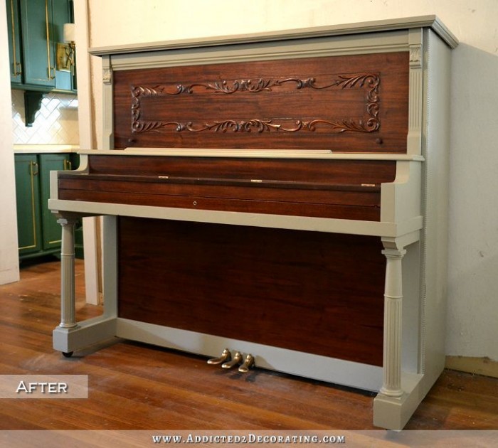 100 year old upright piano with refinished walnut veneer and gray painted frame - after
