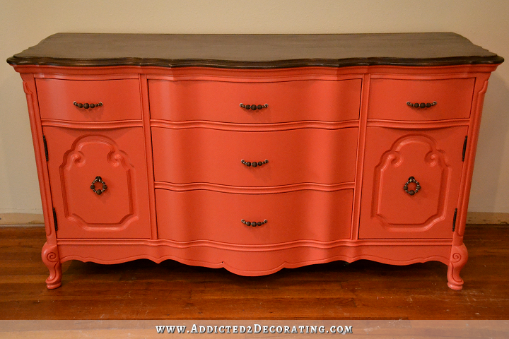 Buffet Makeover – Coral Buffet With Stained Top And DIY Beaded Drawer & Door Pulls