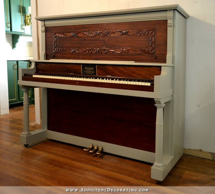 piano refinished with combination of stained wood and gray paint - after - 1