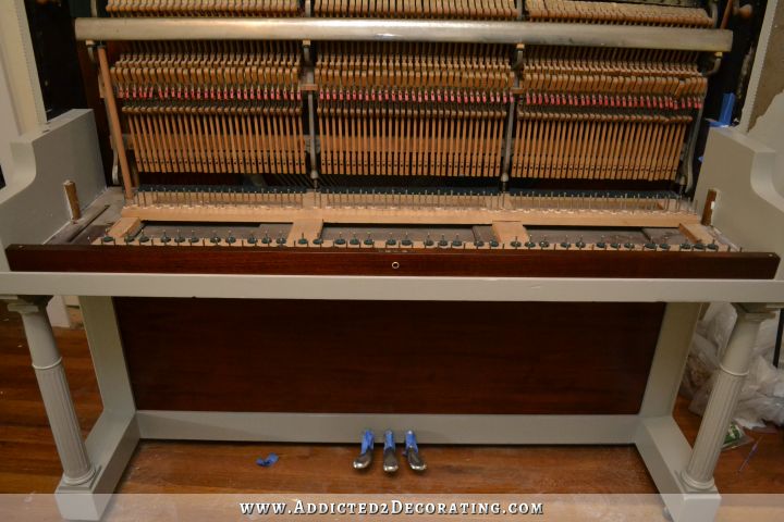 refinishing an upright piano - take off all extra pieces to paint the body, and then reassemble