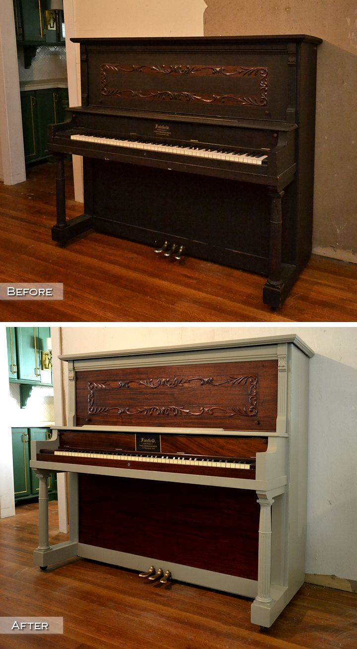 upright piano refinished and painted - before and after