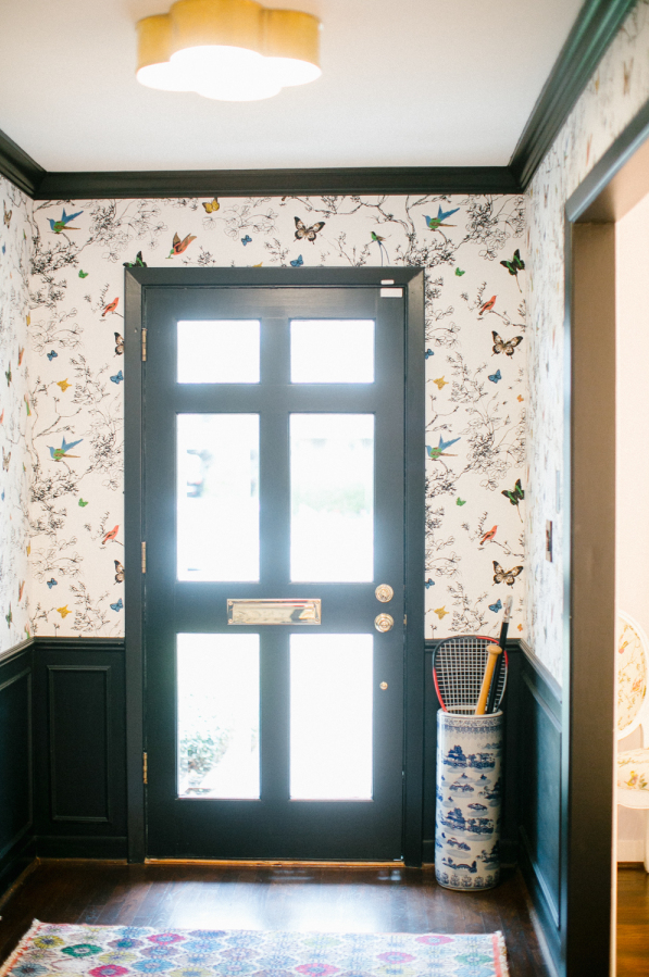 Schumacher Birds & Butterflies wallpaper in entryway designed by Bailey McCarthy, via Style Me Pretty