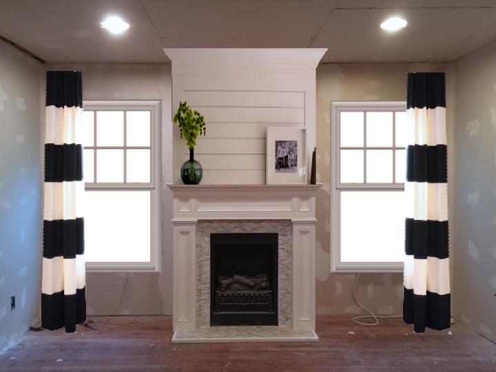 fireplace with overmantel, new windows, and striped curtains - 2